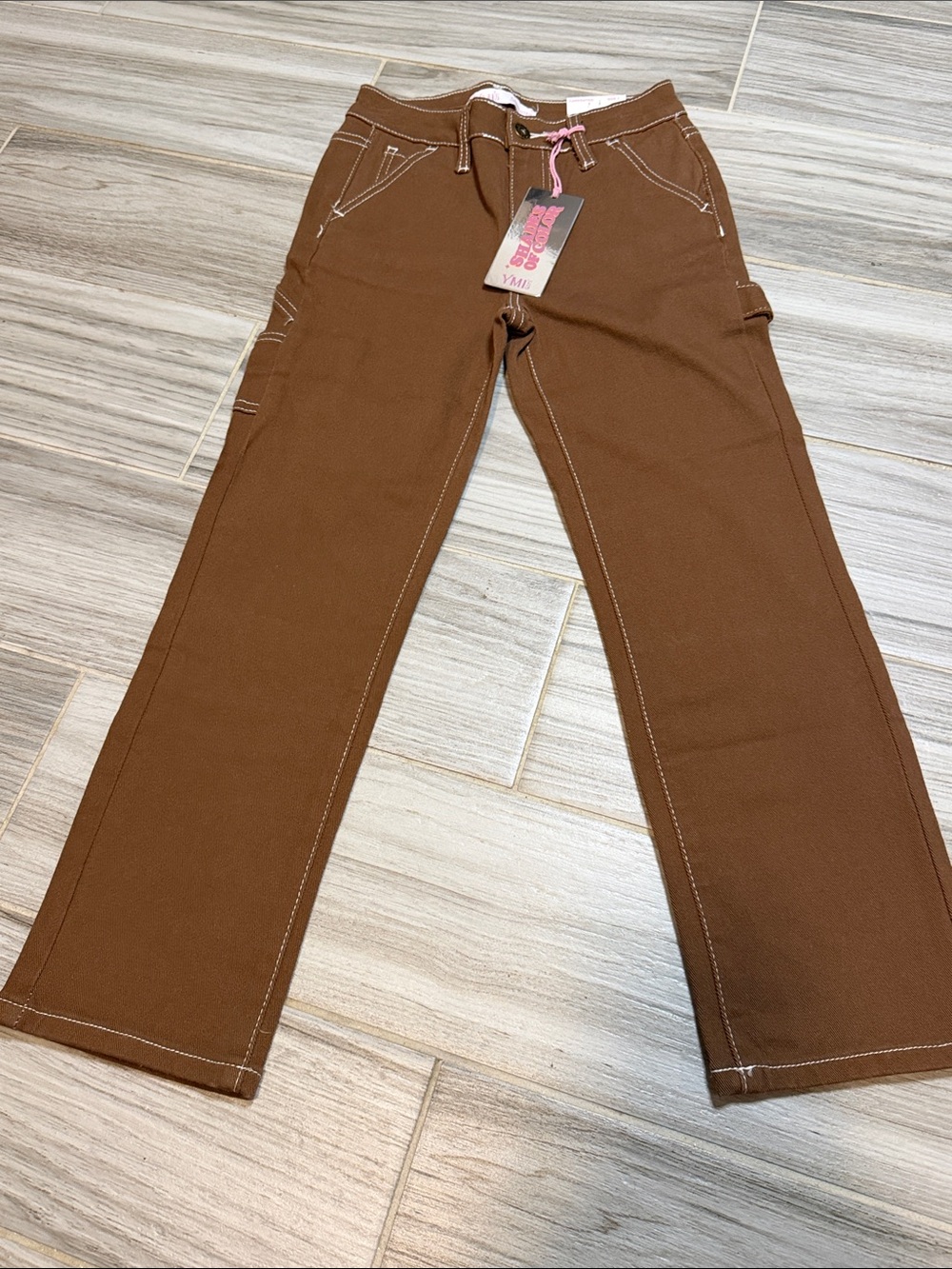 Girls' Brown Straight-Leg Jeans with Drawstring Waist